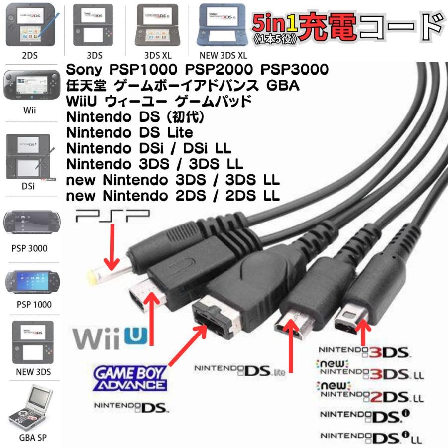 互換品 5in1 USB充電ケーブル Wii U 3DS PSP GBA SP DS Lite 2DS 充電