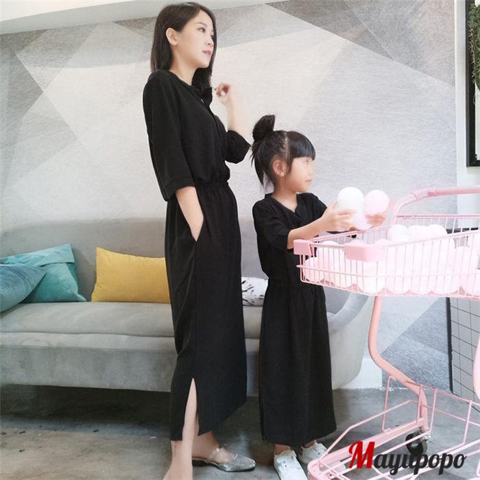 親子 ペアルック ワンピース 親子ワンピース 黒 レディース ワンピース 女の子 ロング丈 スリットあり キッズ Vネック 半袖ワンピース 無地 子供 親子ペア 21omqz54 マユポポ 通販 Yahoo ショッピング