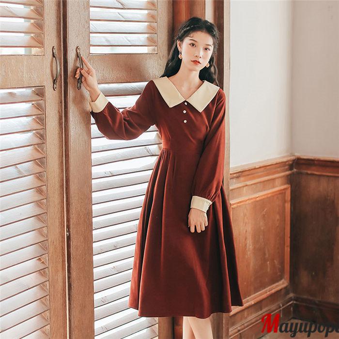 レトロワンピース 女子ワンピ レディース ワンピース 秋冬 ロング丈ワンピース 可愛い 日系女子中高生 クラシカル 長袖 カワイイ 通勤 通学 ファッション 着痩せ Fugu904 マユポポ 通販 Yahoo ショッピング