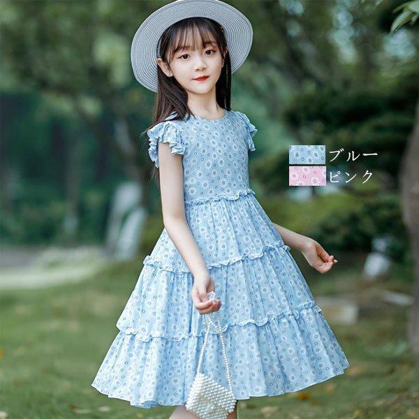 ワンピース キッズ 女の子 夏ワンピ 花柄 スウィート リボン ガールズ 子供ワンピ Aラインスカート 女児
