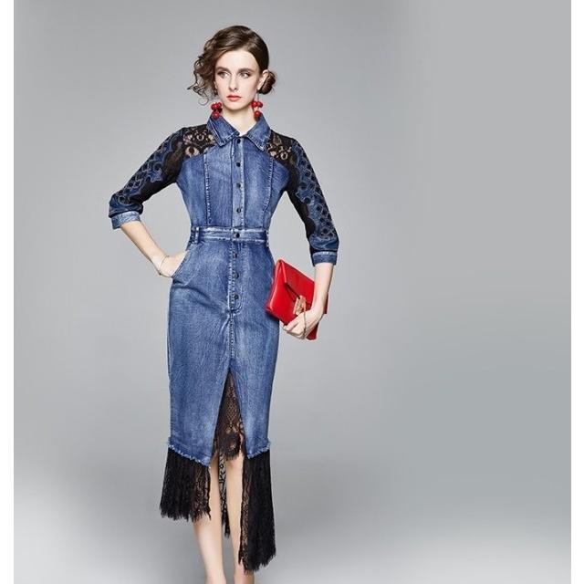 21年のクリスマス スリット マキシ丈 シャツワンピース レディース ロング デニムワンピース レース 切り替えデザイン おしゃれ 大きいサイズ 冬 秋 春 長袖 Option 2 M Panero Shop