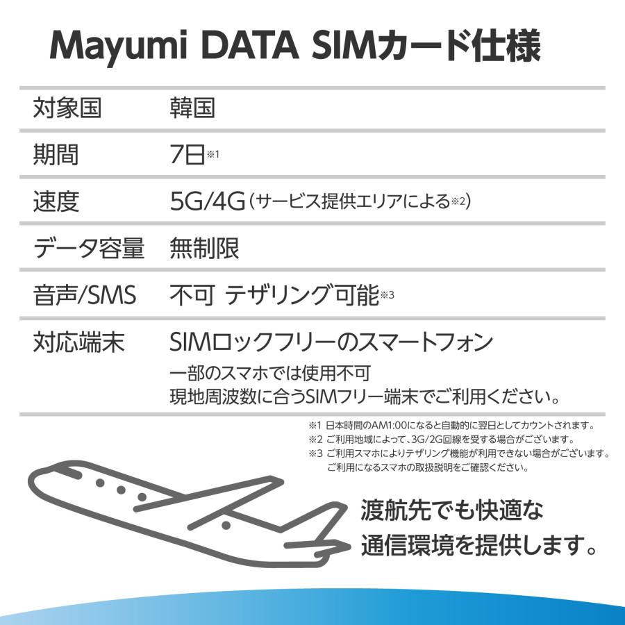 韓国データSIM 無制限 7日間 物理SIM リチャージ可能 無制限データ通信  テザリング可 海外SIM プリペイドSIM 留学 海外出張 海外旅行 ワーホリ 短期留学 マユミ |  | 01