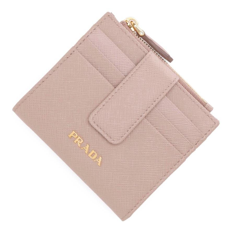 極美品箱付 PRADA サフィアーノ2つ折り財布 1ML047 ベージュ ブルー