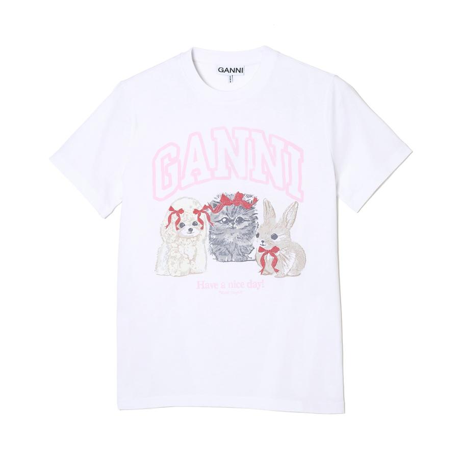 ガニー GANNI クルーネックTシャツ BASIC COTTON JERSEY CUTE ANIMALS ロゴT アニマルプリント ホワイト レディース a1050029-151-brightwhiteの画像
