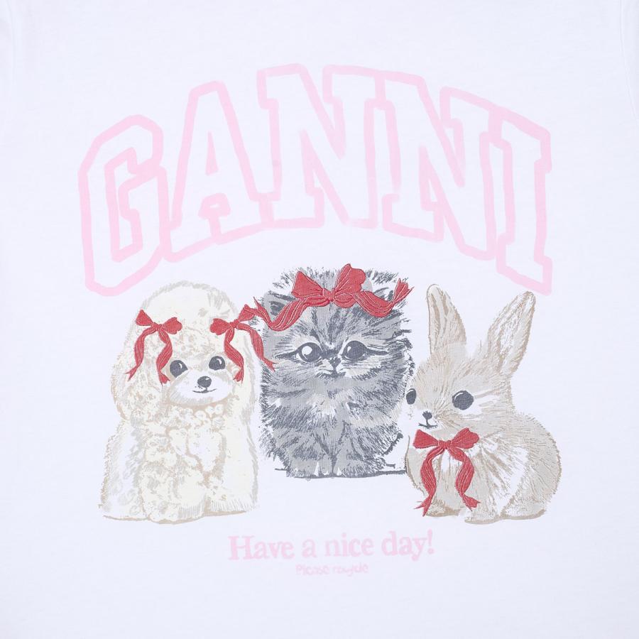 ガニー GANNI クルーネックTシャツ BASIC COTTON JERSEY CUTE ANIMALS ロゴT アニマルプリント ホワイト レディース a1050029-151-brightwhiteの画像