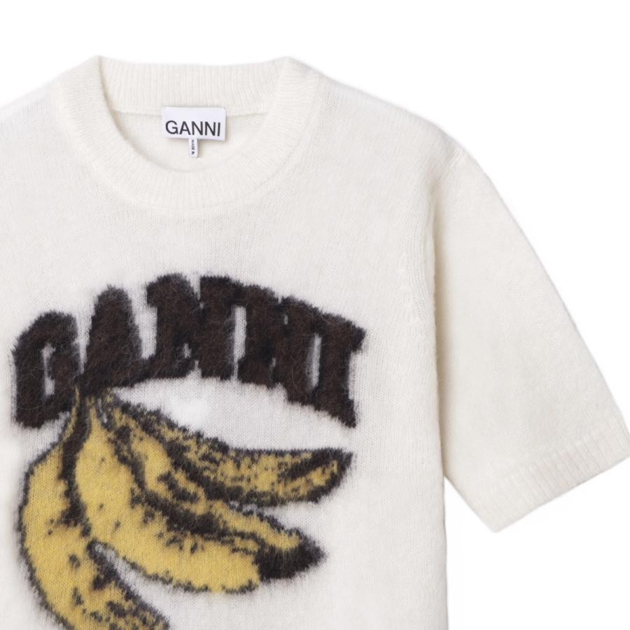 ガニー GANNI クルーネック半袖ニット BRUSHED ALPACA GRAPHIC T-SHIRT 半袖ニット バナナ ロゴ アルパカ混 ホワイト レディース a1070093-135-egretの画像