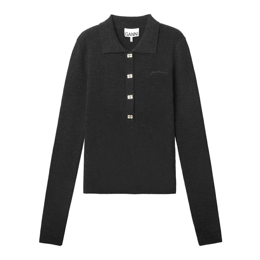 極美品 GANNI 長袖ポロシャツ ニット ネイビー GANNI（ガニー） 長袖ニットポロシャツ Mini Ribbed Merino Polo
