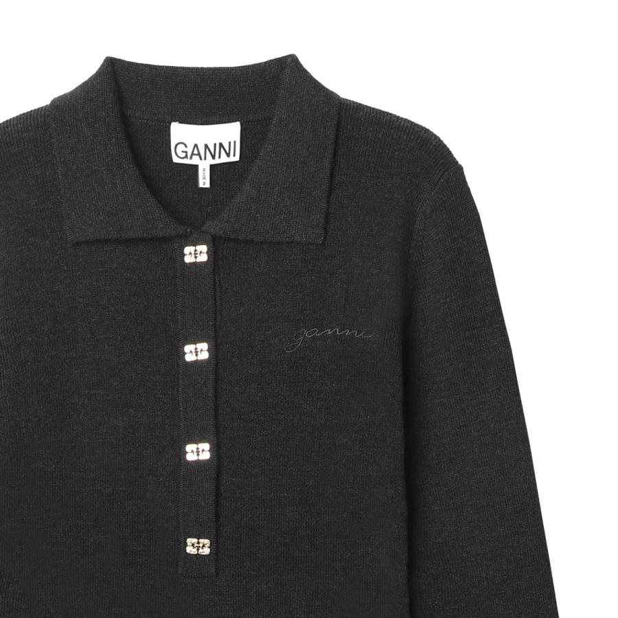 GANNI（ガニー） 長袖ニットポロシャツ Mini Ribbed Merino Polo