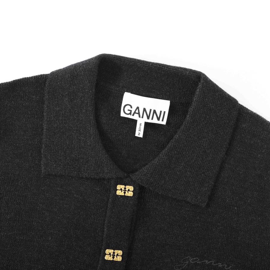 極美品 GANNI 長袖ポロシャツ ニット ネイビー GANNI（ガニー） 長袖ニットポロシャツ Mini Ribbed Merino Polo
