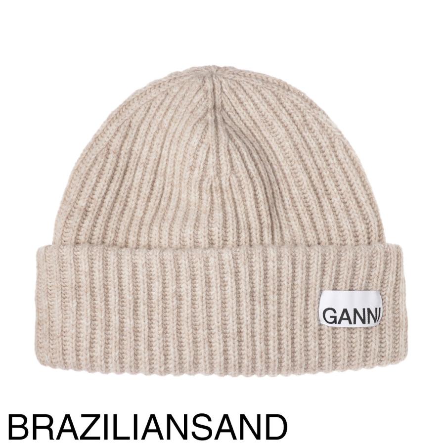 GANNI ベージュ ニット帽 新品タグ付き GANNI（ガニー） 帽子 ベレー帽 ロゴ リブ A4430 レディース ベージュ