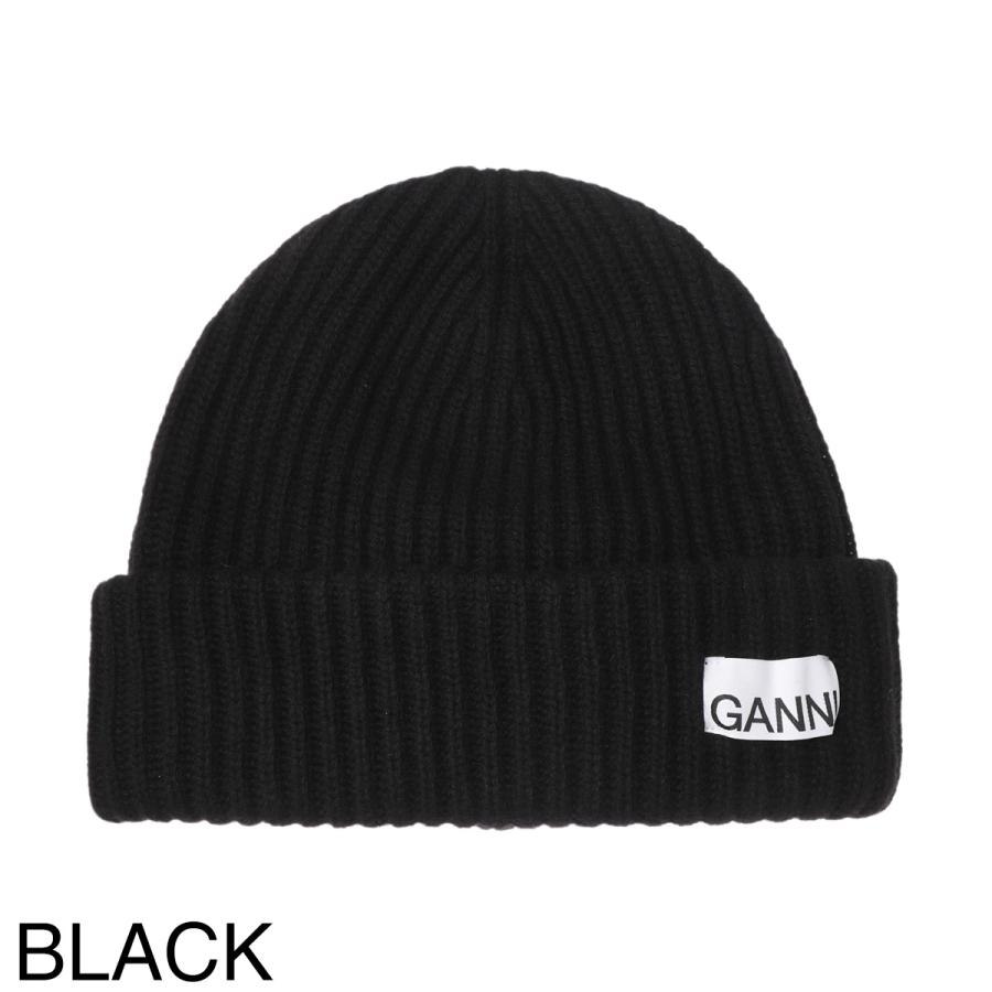 GANNI ブラック ビーニー GANNI（ガニー） ニットキャップ STRUCTURED RIB BEANIE ビーニー