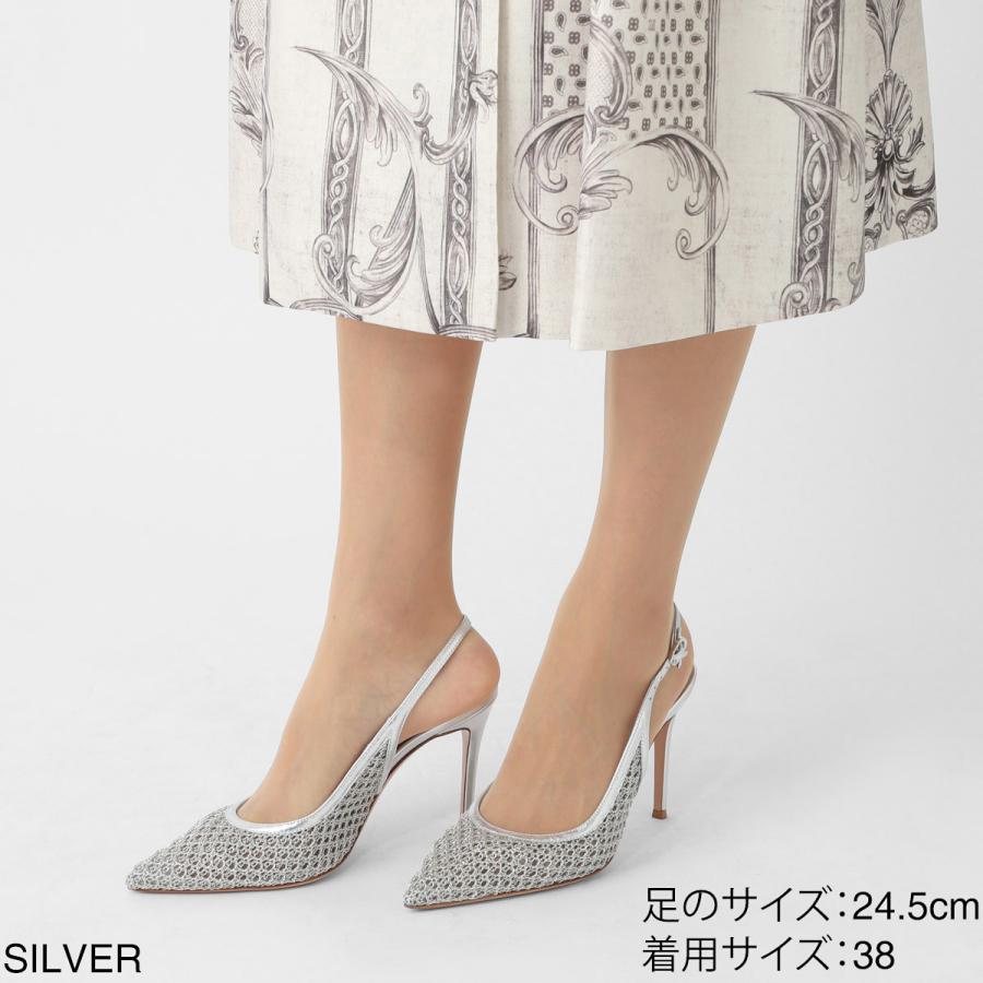 ジャンヴィト ロッシ GIANVITO ROSSI パンプス NIKKI ポインテッドトゥ 95mmスティレットヒール メッシュリボンバックル ストラップ シルバー レディースの画像