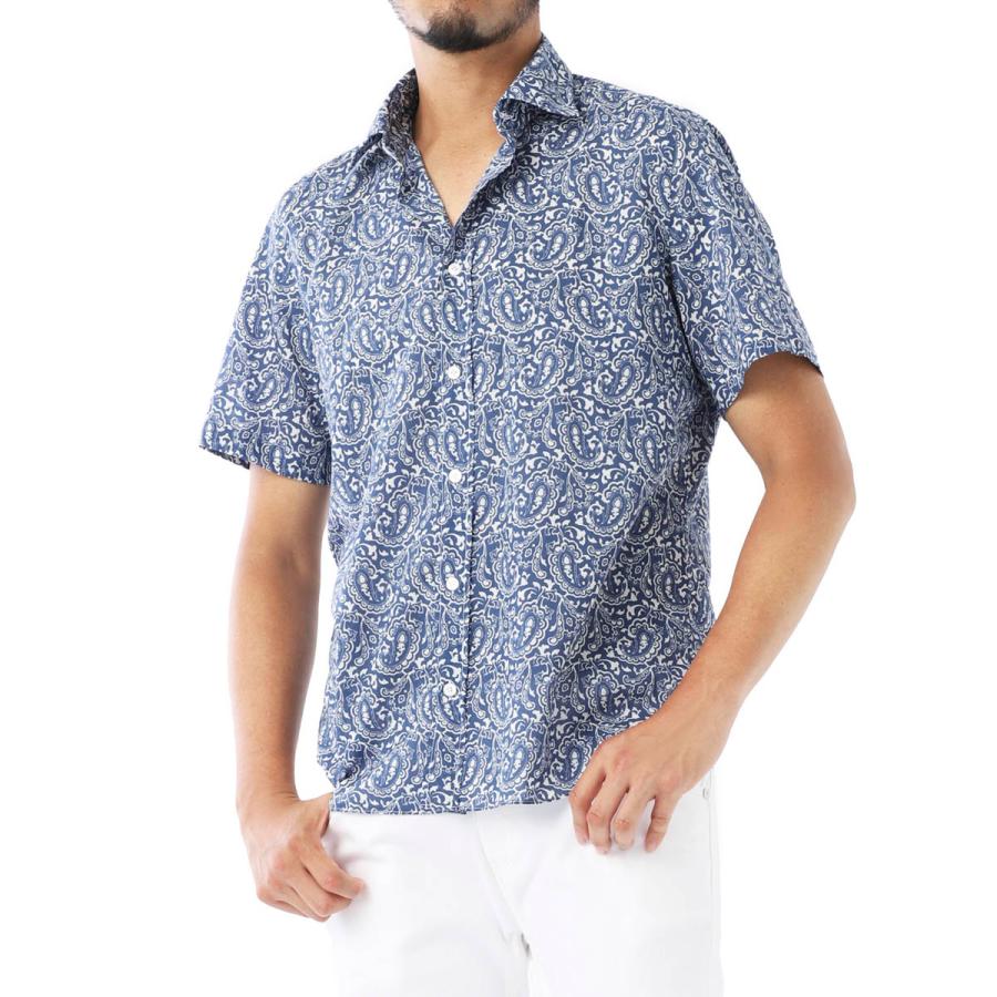 リネン50%✨人気の40サイズ✨Finamore リネンシャツ ブルー 総柄 Finamore（フィナモレ） 半袖総柄シャツ LUIGI GIGLIO ブルー メンズ