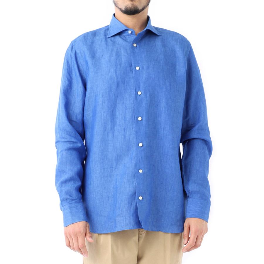 BORRIELLO リネン100% 長袖シャツ サックス 37 S イタリア製 ボリエッロ BORRIELLO ワイドカラー リネンシャツ MARECHIARO SLIM FIT