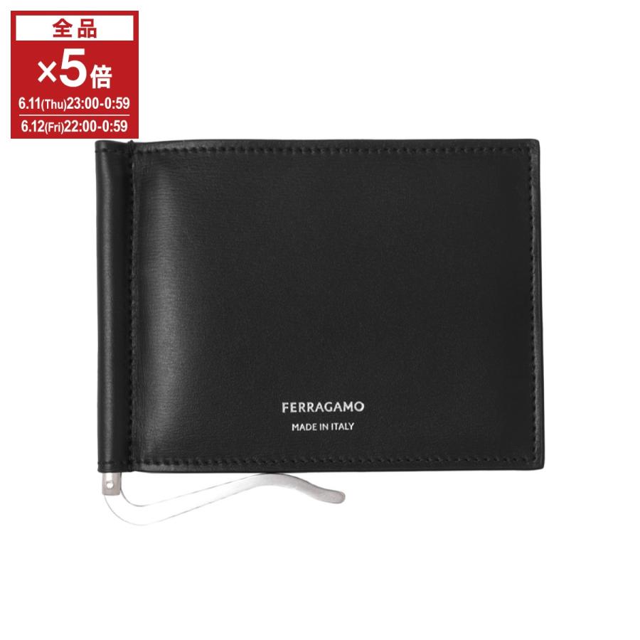フェラガモ　ブラックレザー 二つ折りマネークリップ FERRAGAMO（フェラガモ） マネークリップ 2つ折り財布 ブラック メンズ