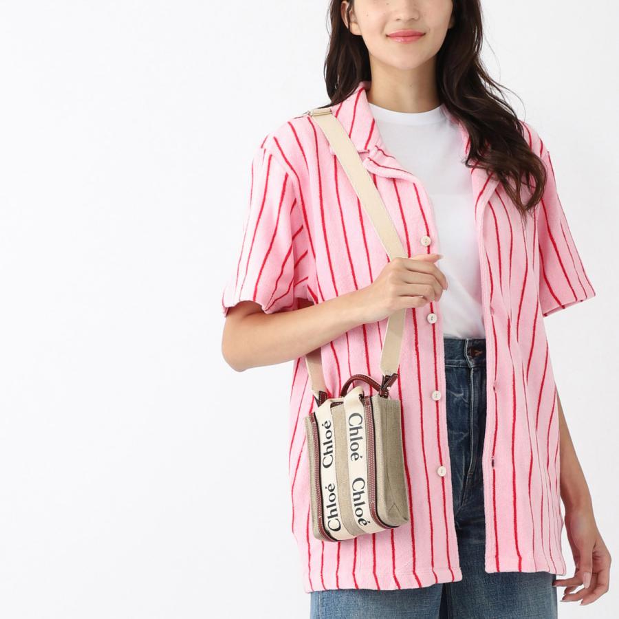 Chloe クロエ ウッディ ミニ 2WAY キャンバスハンドバッグ ショルダーバッグ ベージュ×ピンク クロエ Chloe トートバッグ ショルダーバッグ ウッディ ミニバッグ