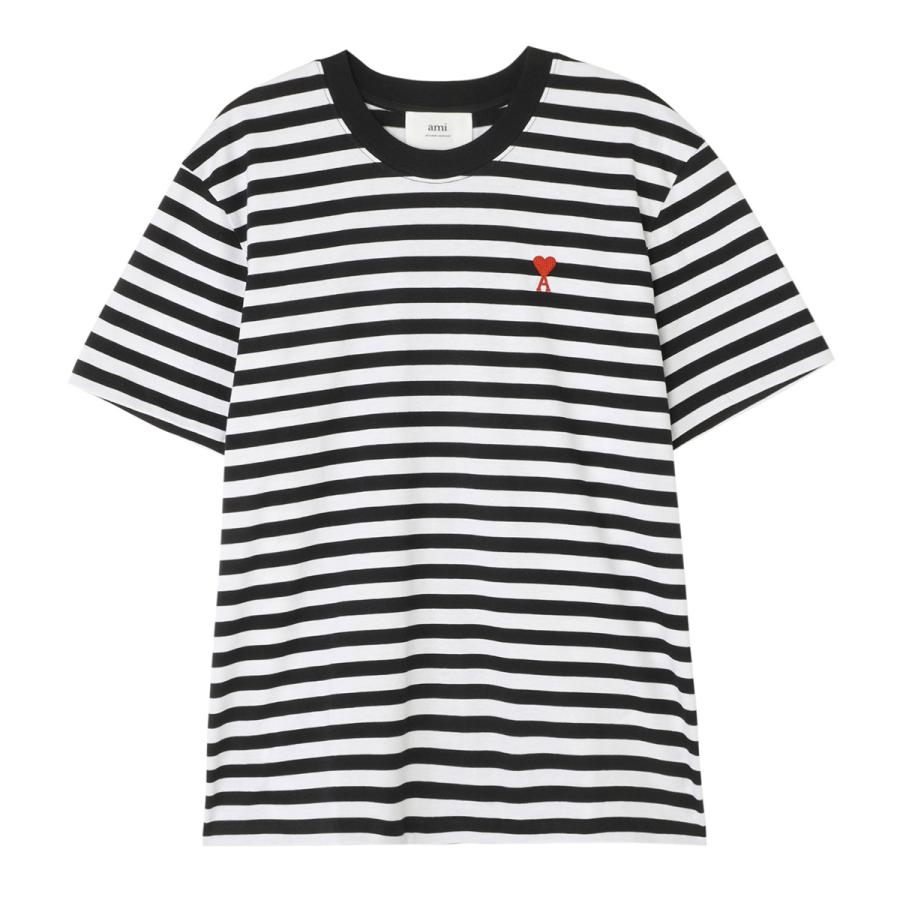 AMI Alexandre Mattiussi アミアレクサンドルマテュッシ AMI DE COEUR ロゴ刺繍 ストライプクルーネック半袖Tシャツカットソー ホワイト/ネイビー UTS013 074 AMI Alexandre Mattiussi アミ クルーネック半袖Tシャツ AMI DE COEUR