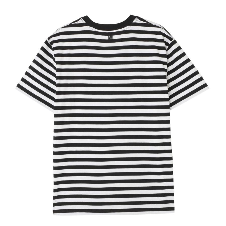 AMI Alexandre Mattiussi アミアレクサンドルマテュッシ AMI DE COEUR ロゴ刺繍 ストライプクルーネック半袖Tシャツカットソー ホワイト/ネイビー UTS013 074 AMI Alexandre Mattiussi アミ クルーネック半袖Tシャツ AMI DE COEUR