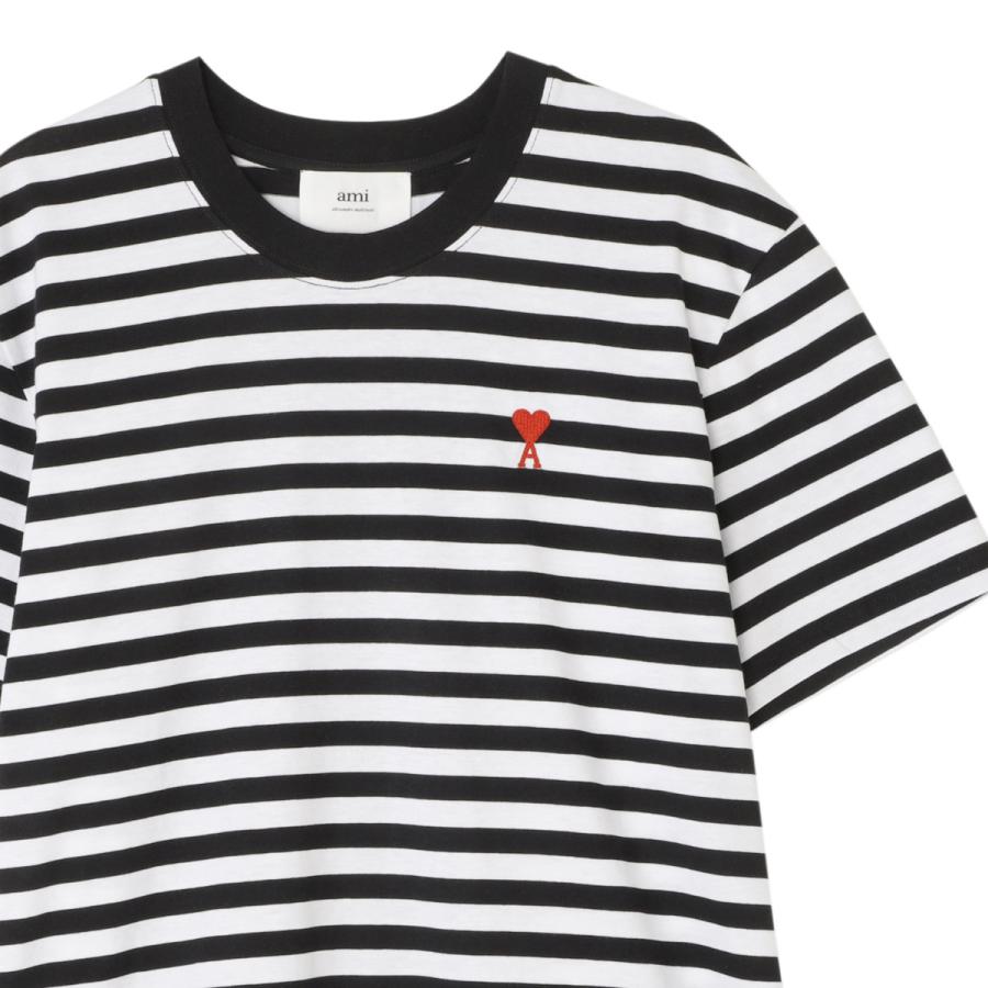 AMI Alexandre Mattiussi アミアレクサンドルマテュッシ AMI DE COEUR ロゴ刺繍 ストライプクルーネック半袖Tシャツカットソー ホワイト/ネイビー UTS013 074 AMI Alexandre Mattiussi アミ クルーネック半袖Tシャツ AMI DE COEUR