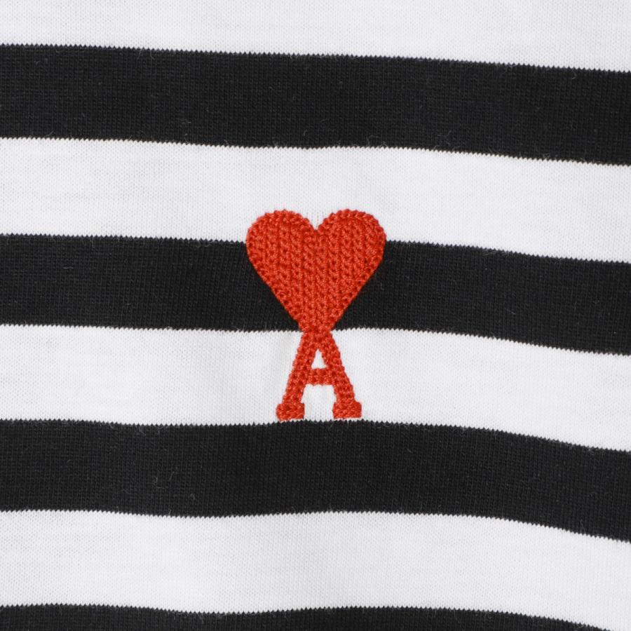 AMI Alexandre Mattiussi アミアレクサンドルマテュッシ AMI DE COEUR ロゴ刺繍 ストライプクルーネック半袖Tシャツカットソー ホワイト/ネイビー UTS013 074 AMI Alexandre Mattiussi アミ クルーネック半袖Tシャツ AMI DE COEUR