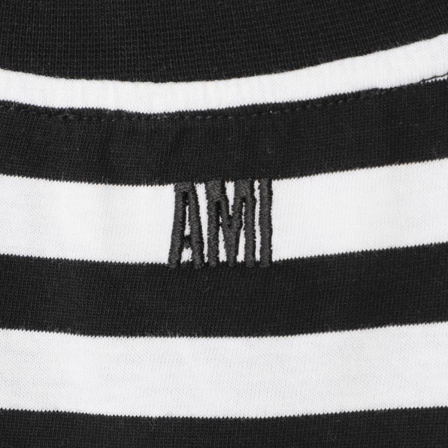 AMI Alexandre Mattiussi アミアレクサンドルマテュッシ AMI DE COEUR ロゴ刺繍 ストライプクルーネック半袖Tシャツカットソー ホワイト/ネイビー UTS013 074 AMI Alexandre Mattiussi アミ クルーネック半袖Tシャツ AMI DE COEUR