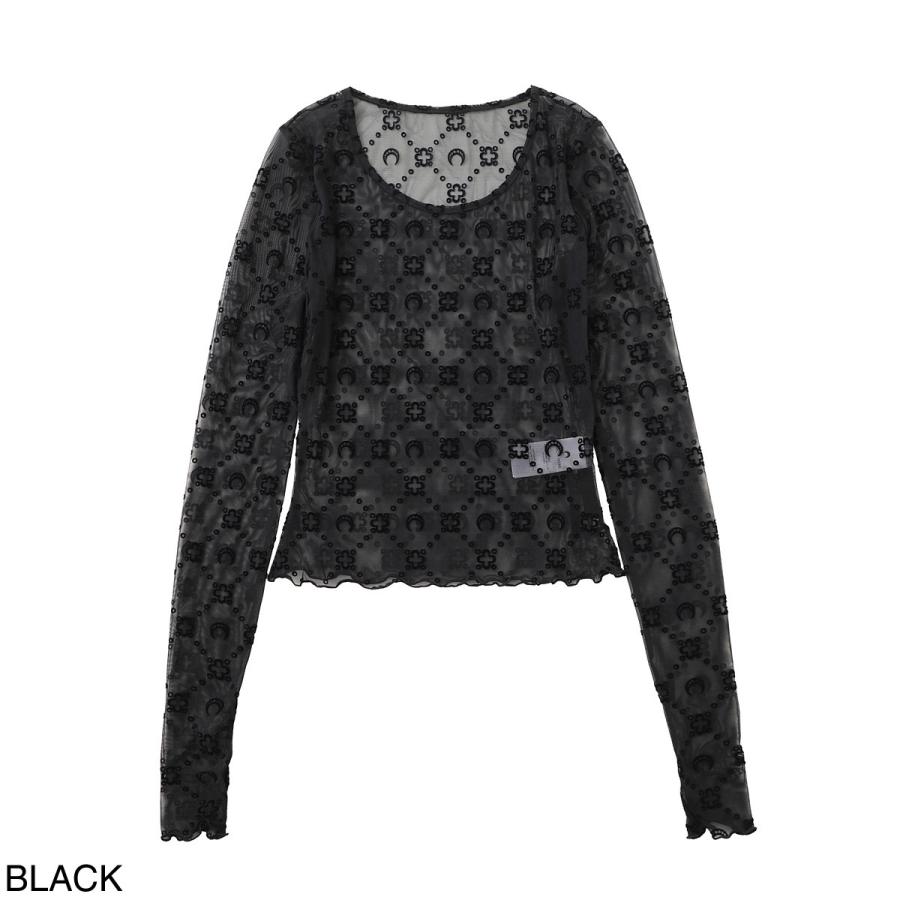 マリーン セル MARINE SERRE クルーネック長袖カットソー MOONOGRAM MESH FLOCK LS CROPPED TOP ムーングラム クロップド丈 レディース wts012a-cjer0005-bk99の画像