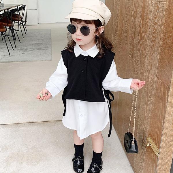 子供服 キッズ ワンピース ベスト付き シャツワンピ 2点セット 女の子 長袖 重ね着 レイヤード 無地 シンプル ガールズ 女児 ジュニア 韓国 こども服 Dc 5 Mb2 通販 Yahoo ショッピング