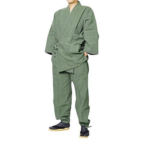 【期間限定送料無料】 三子撚杢作務衣（さむえ） 14-ドビーグリーン) (ＬＬ, 日本製 着物、和装コート