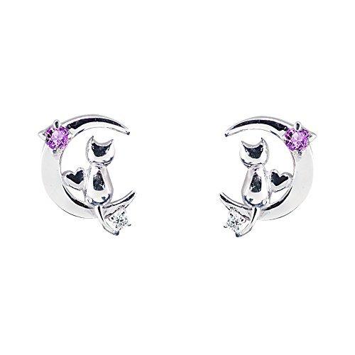 海外輸入 選べる 誕生石 12種類 ネコ 三日月 ダイヤモンド 付き シルバー レディース ピアス 誕生日 プレゼント 女性 2月 アメジスト 全日本送料無料 Azerbaijanfoundation Az