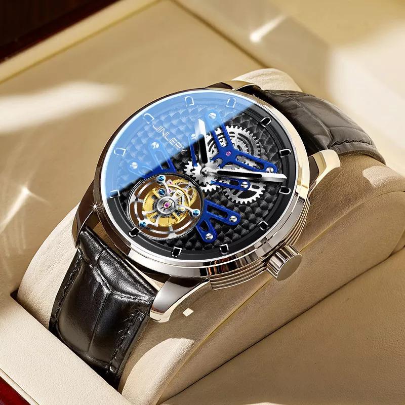オンラインショップ Jinlery自動腕時計,フラップ付き, 透かし彫り,機械式,革ストラップ,コレクション2021 腕時計