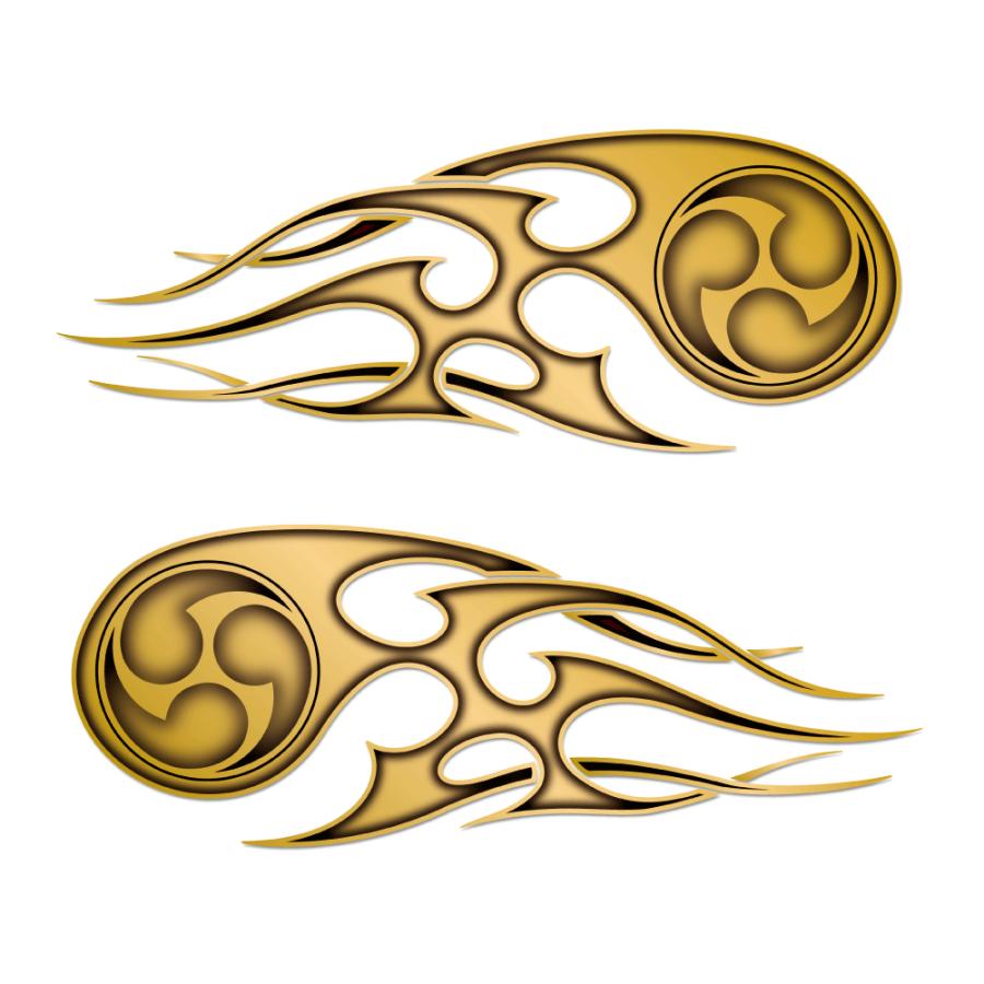 ゴールド）汎用 三つ巴ファイヤーステッカー 30cm 左右セット