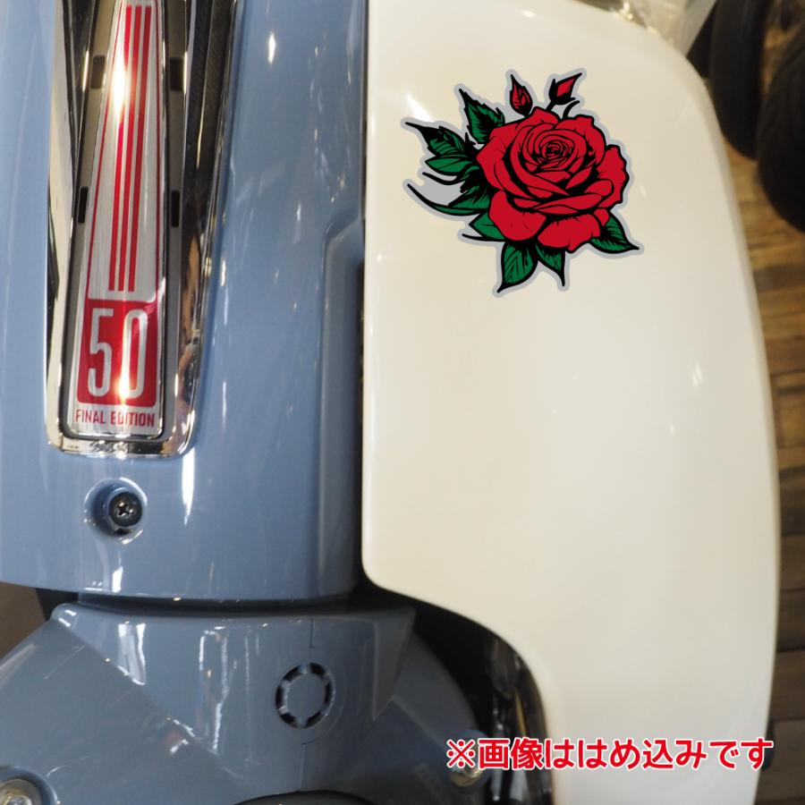 シルバー）薔薇ステッカー（10cm 赤）1枚 屋外 給油口 ヘルメット