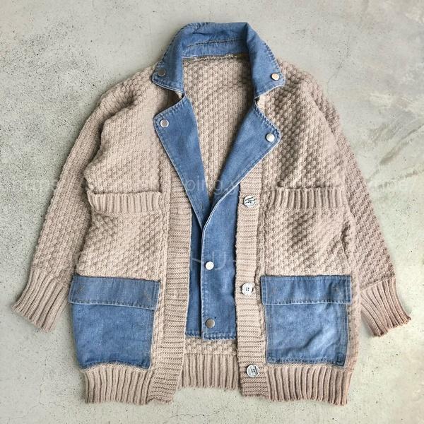 重ね着風 デニム ニット カーディガン ジャケット Gジャン 重ね着風 デニム ニット カーディガン ジャケット Gジャン
