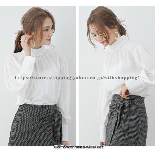 シャツ ブラウス ボリューム袖ハイネックブラウス レディース シフォン バブルスリーブ 長袖 オフィス カジュアル ビジネス 通勤 フェミニン 20代30代40代50代　 | ブランド登録なし | 03