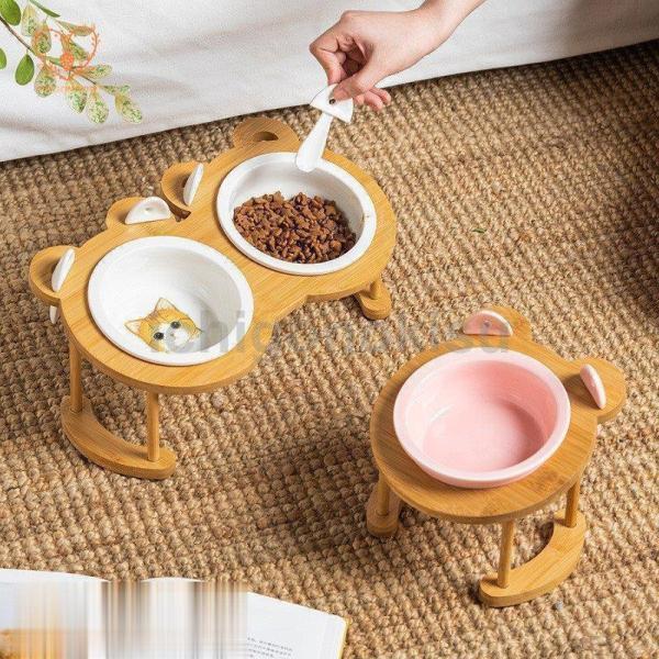 フードボウル 食器 猫用 犬用 フードボウルスタンド 竹製 陶器 台付き 猫食器 キャット ペット用 2連 1皿 2皿 小中型犬用 高さ調節可能 傾斜 餌やり ペット食器 | ブランド登録なし | 01