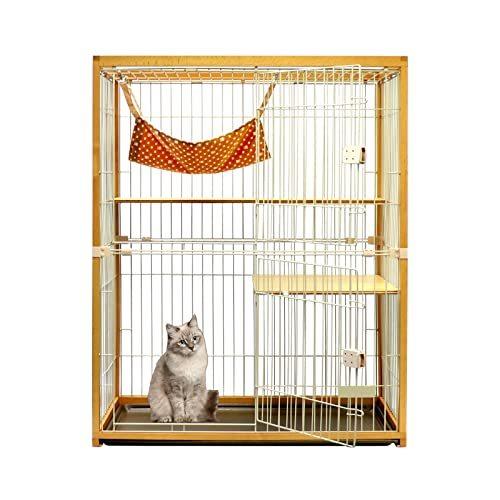 Xverycan 猫 ケージ キャットケージ 木製 2段 多頭飼い ペットケージ 猫用 ハンモック付 引き出し式トレー 組立簡