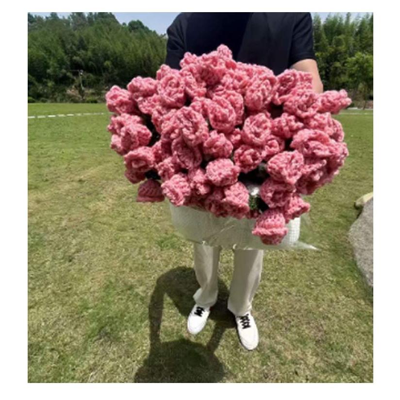 薔薇　花束　104cm ブーケブランケット　ピンクモヘア 花束ブランケット 完成品 昼寝用 110cm ニットブランケット ニット製