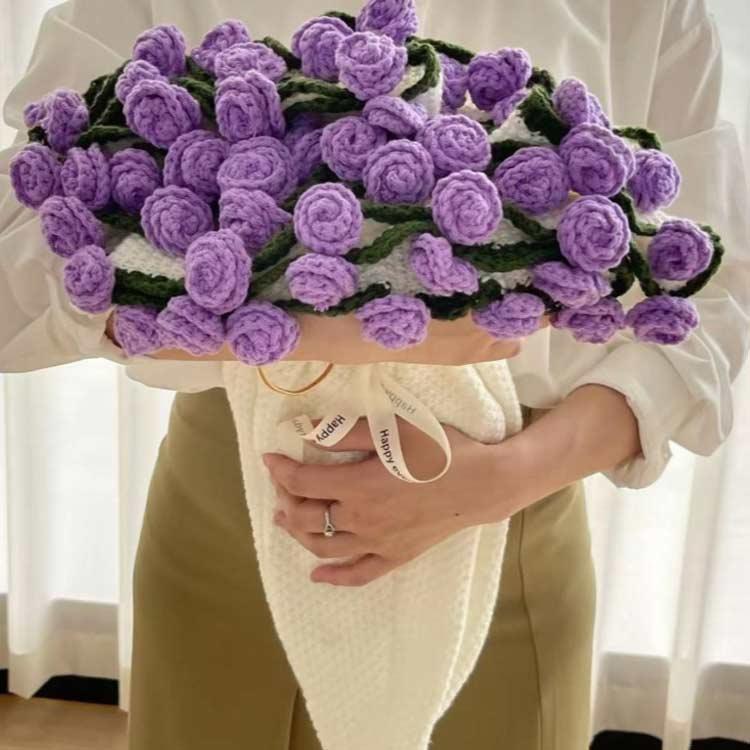 花束ブランケット♡大きめローズ♡コットン100%♡パープル＆グレー 花束ブランケット 完成品 昼寝用 110cm ニットブランケット ニット製