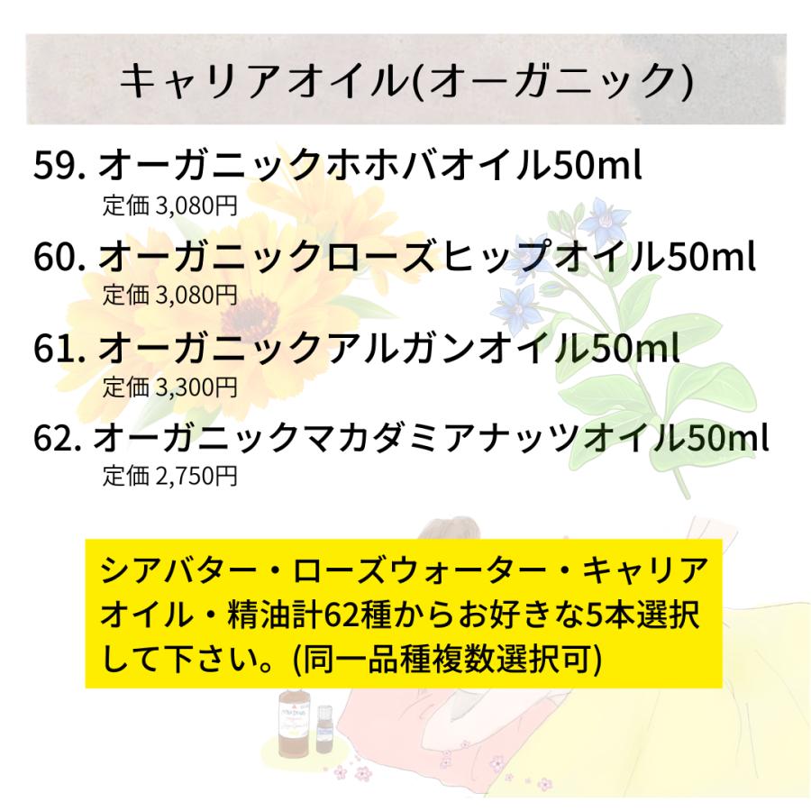 【創業20周年記念】62種類のオーガニック精油・キャリアオイル・バーム・ウォーターからお好きな5本選んで11,000円 |  | 13