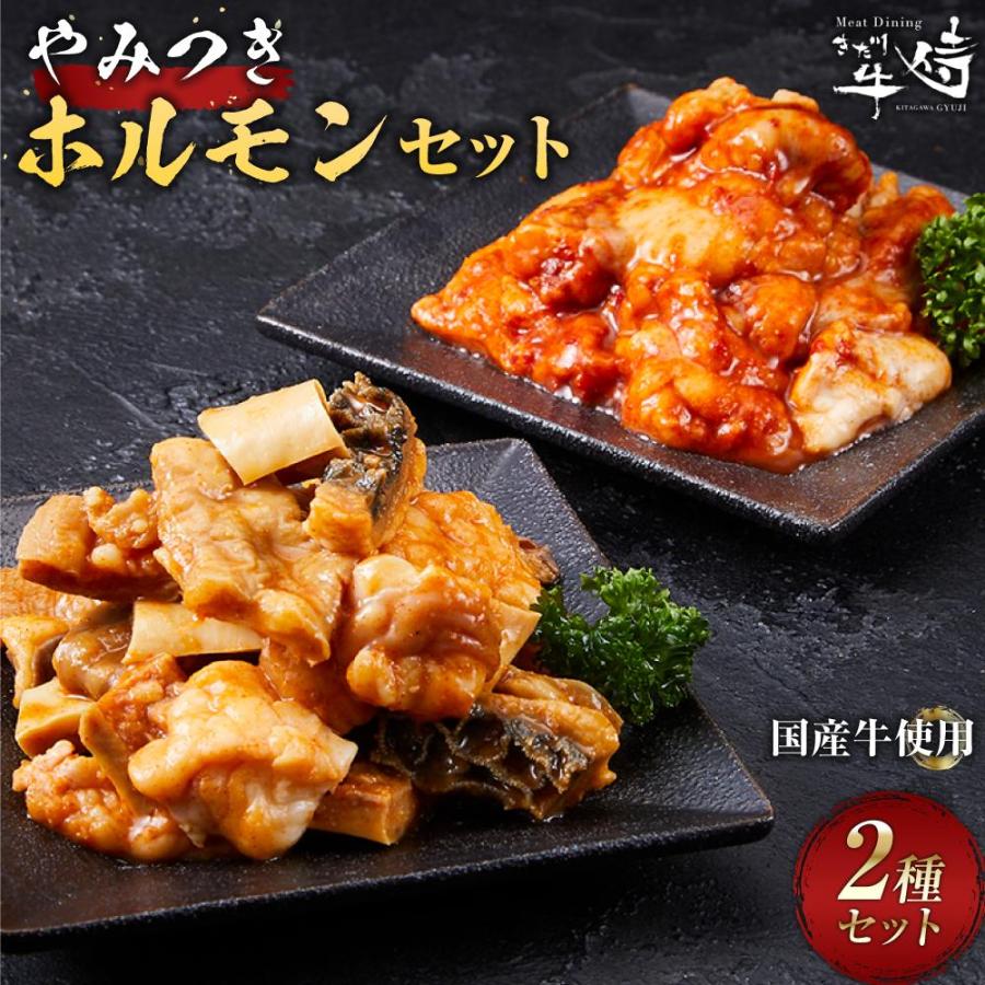 やみつきホルモンセット2種（辛ダレ、味噌ダレ） : 熊野牛専門店