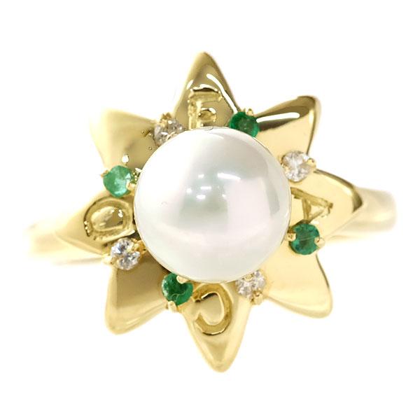 送料無料 本物 パールデザインリング 指輪 K18YG イエローゴールド