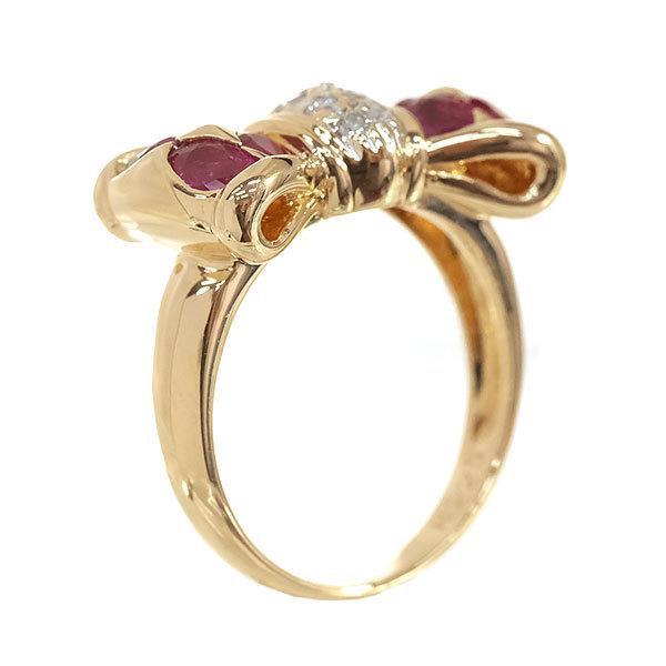 K18デザインリング指輪18金ルビーリボンダイヤモンド付き16号