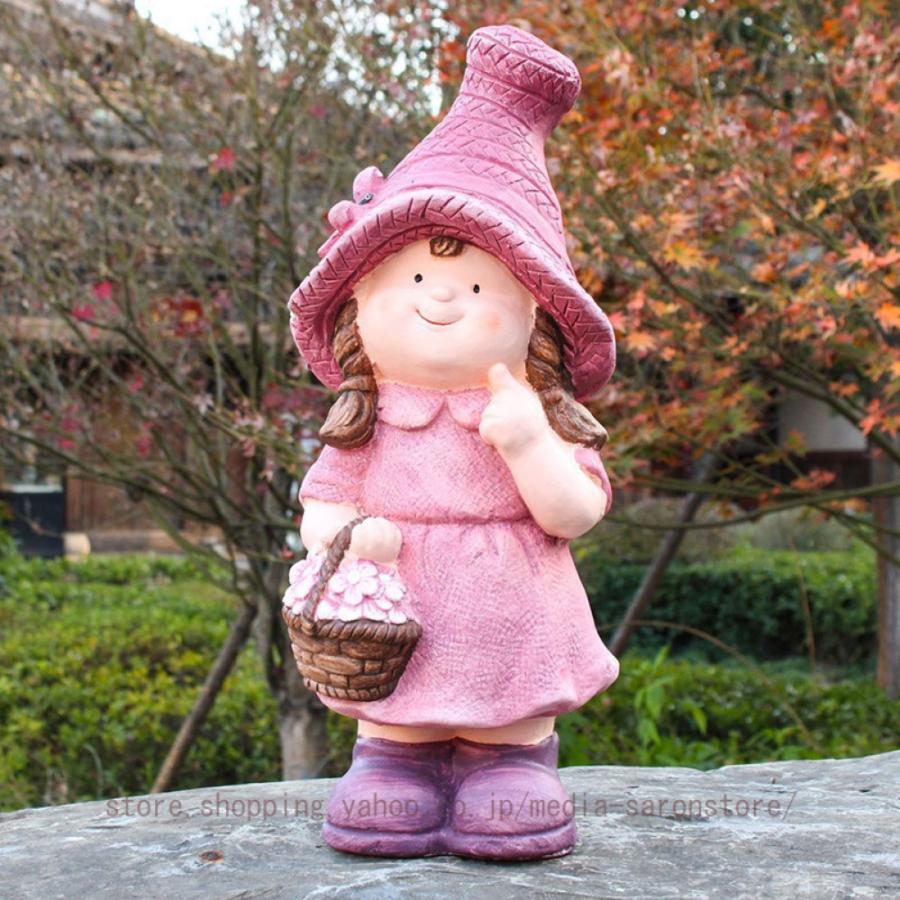木製女の子置物、ピンクの帽子付き ガーデンオブジェ 庭 バルコニー用 置物 樹脂製 ガーデニング雑貨