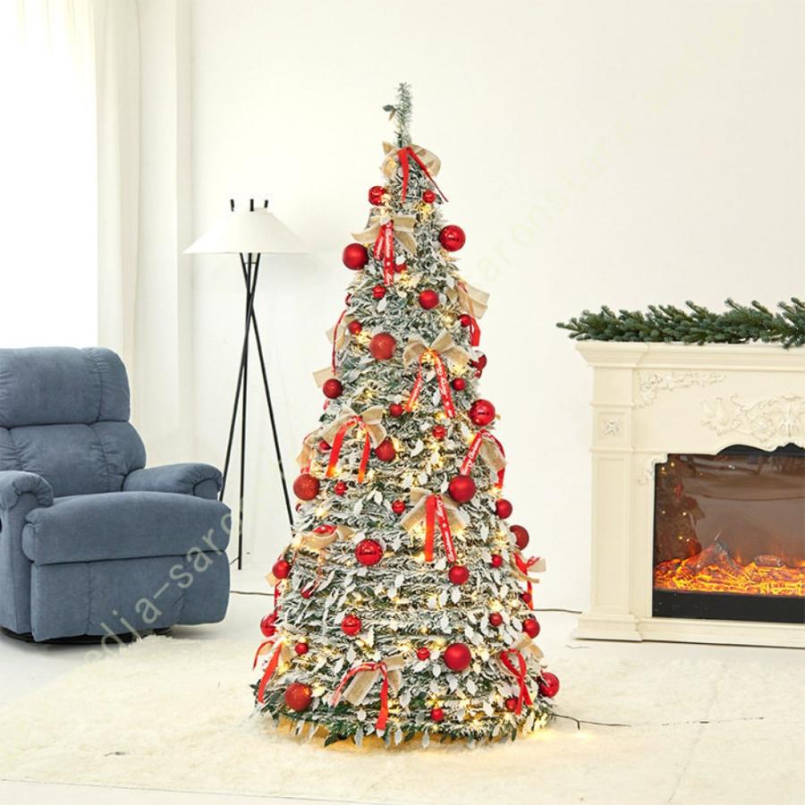 折りたたみ式 クリスマスツリー スリム オーナメント ボール リボン