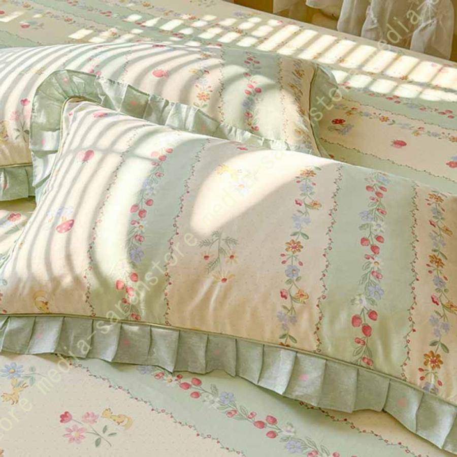 綿 ベッドカバー 寝具カバー シングル 通気性 花柄 可愛いフリル一体式ベッドシーツ マットレス敷きカバー 姫系 ベッドスカート 丸洗いOK オールシーズン 姫系の画像