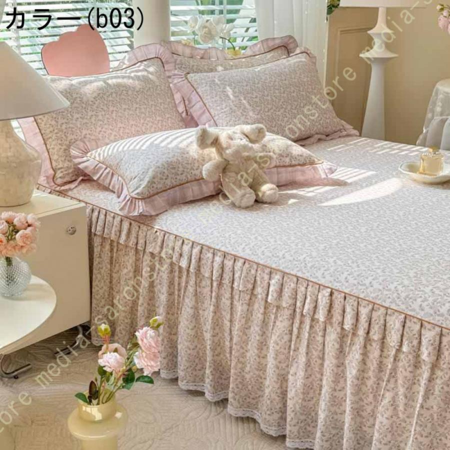 綿 ベッドカバー 寝具カバー シングル 通気性 花柄 可愛いフリル一体式ベッドシーツ マットレス敷きカバー 姫系 ベッドスカート 丸洗いOK オールシーズン 姫系の画像