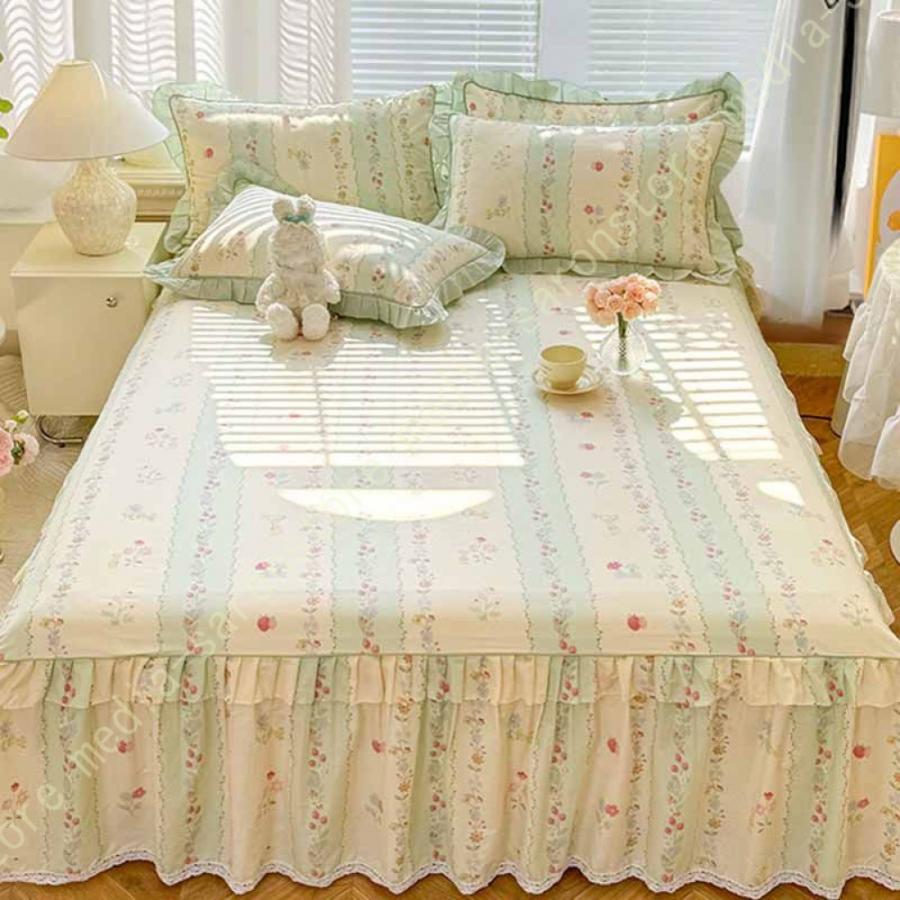 綿 ベッドカバー 寝具カバー シングル 通気性 花柄 可愛いフリル一体式ベッドシーツ マットレス敷きカバー 姫系 ベッドスカート 丸洗いOK オールシーズン 姫系の画像