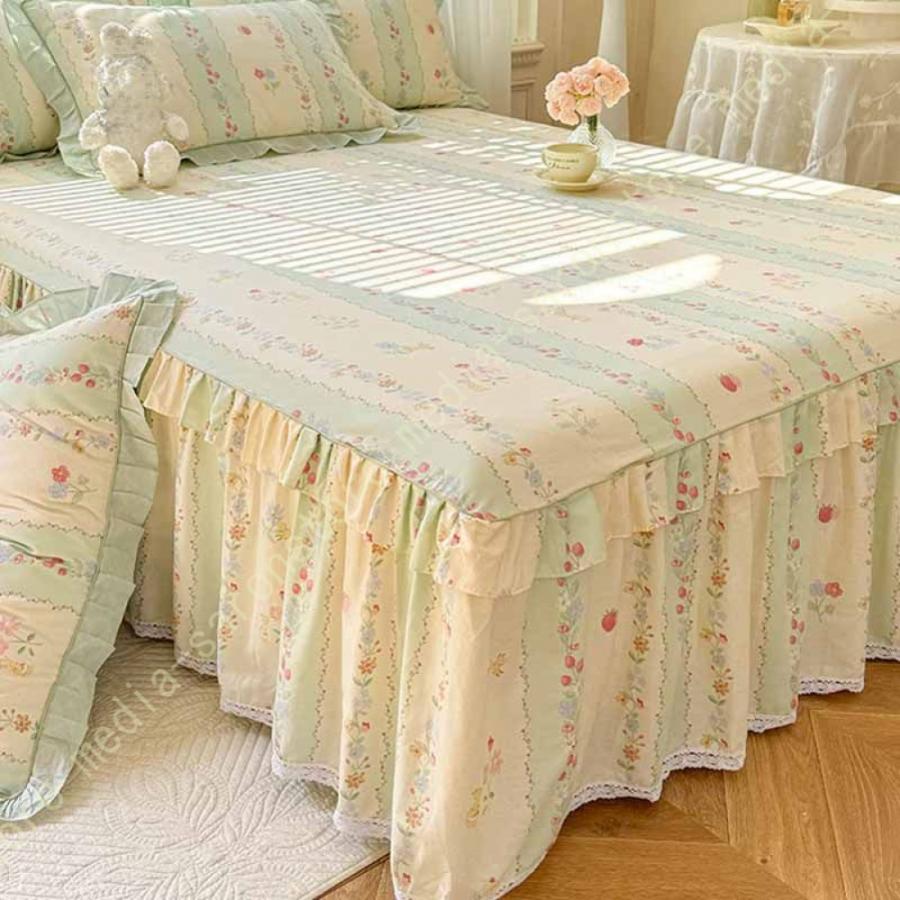 綿 ベッドカバー 寝具カバー シングル 通気性 花柄 可愛いフリル一体式ベッドシーツ マットレス敷きカバー 姫系 ベッドスカート 丸洗いOK オールシーズン 姫系の画像