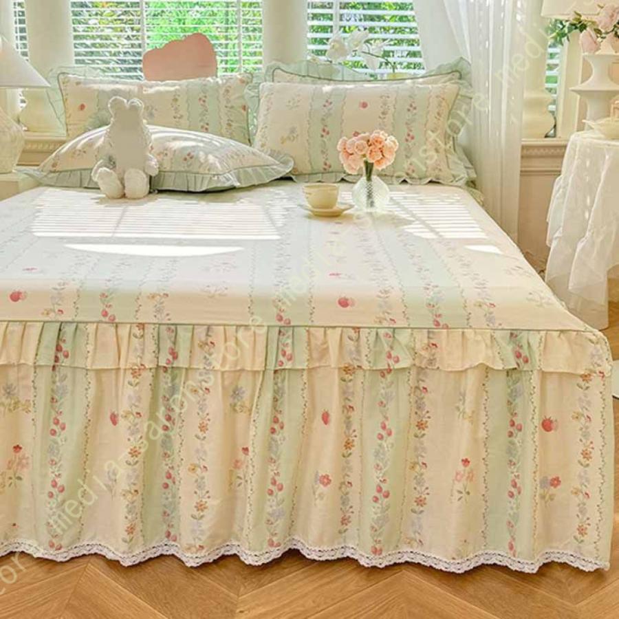 綿 ベッドカバー 寝具カバー シングル 通気性 花柄 可愛いフリル一体式ベッドシーツ マットレス敷きカバー 姫系 ベッドスカート 丸洗いOK オールシーズン 姫系の画像