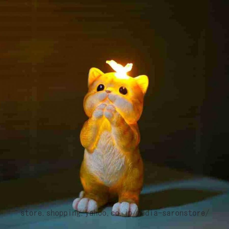 ガーデンライト ガーデニングオブジェソーラーLED 猫彫刻 樹脂 飾り 